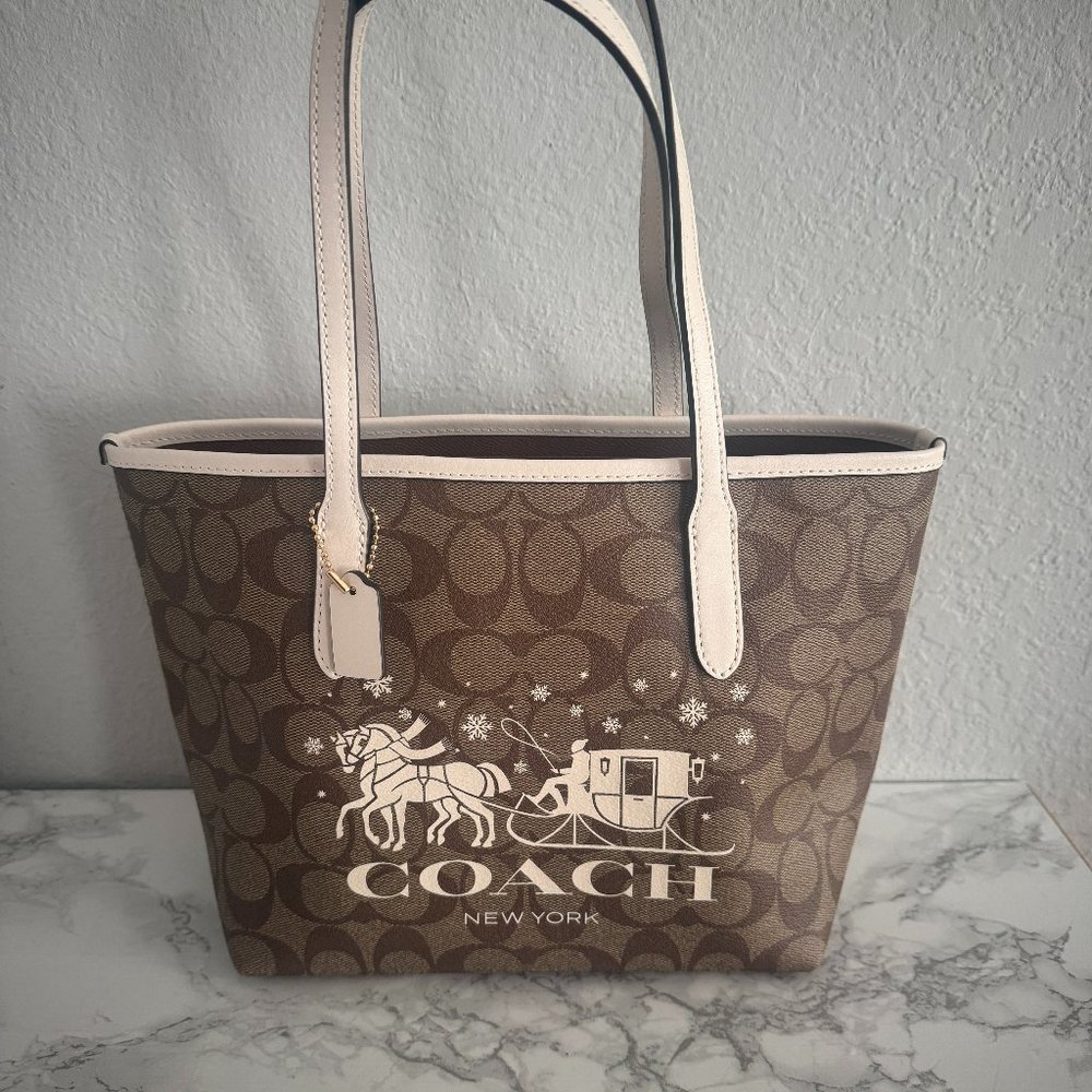 coach Mini City Tote In Signature Canvas With Horse And Sleigh cm183